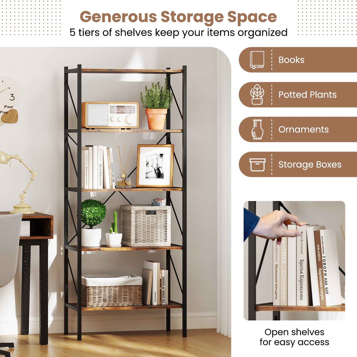 5-Tier Bookshelf with Open Shelves and Heavy Duty Metal Frame