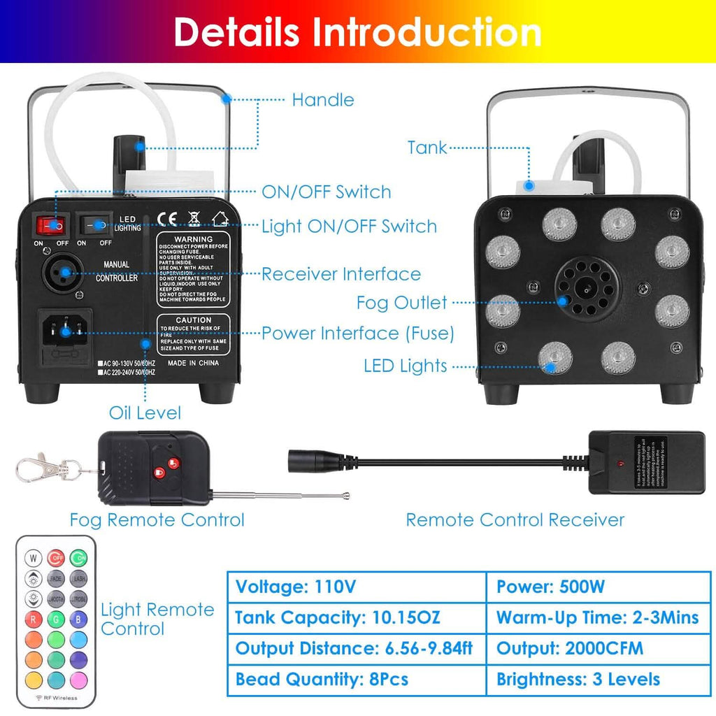 500W Fog Machine 2000CFM Colorful Smoke Machine with 8-Pieces LEDs 5 Lighting Effects 3-Level Brightness