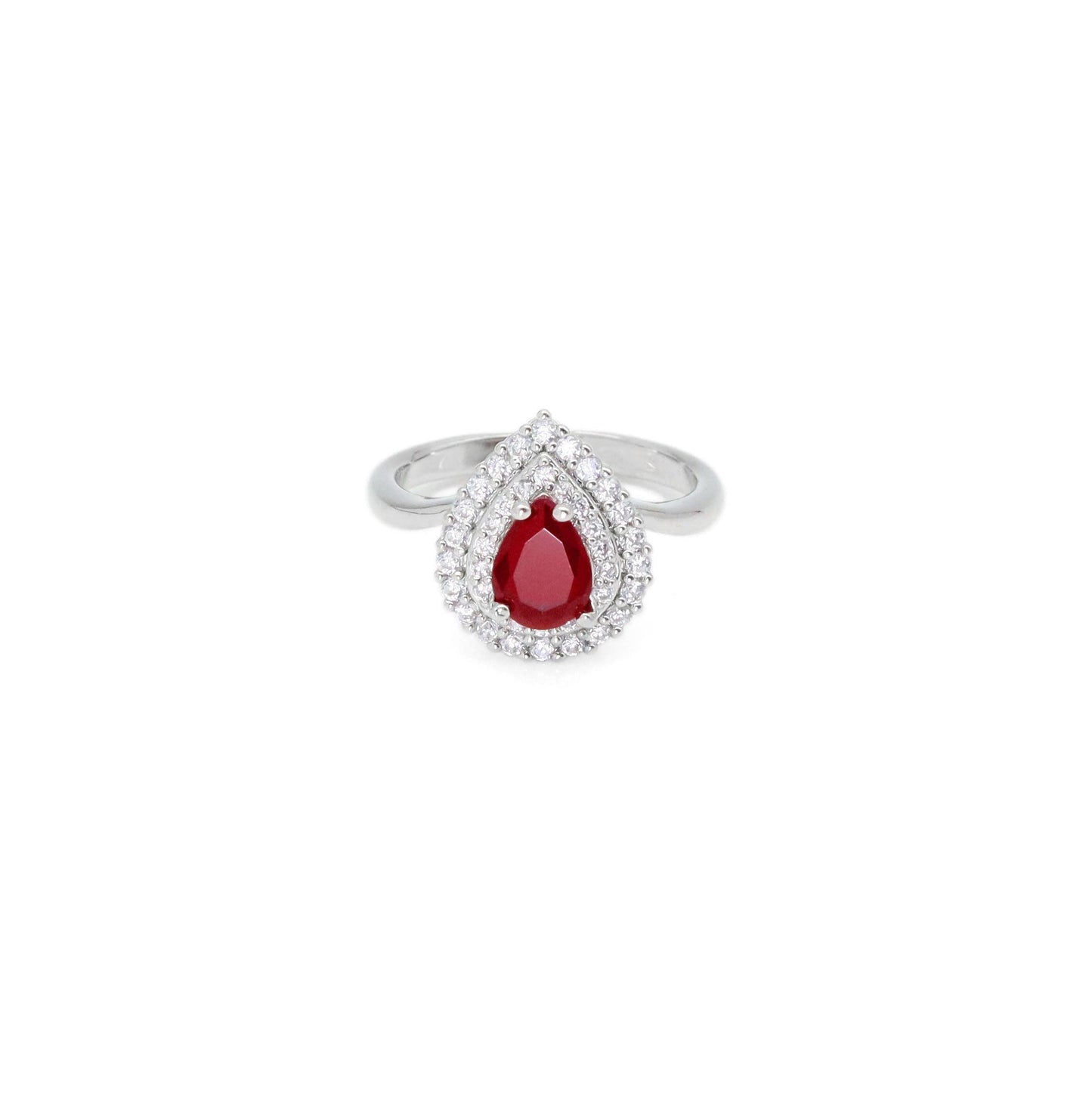 Red Teardrop CZ Silver Adjustable Ring, Sku#A160