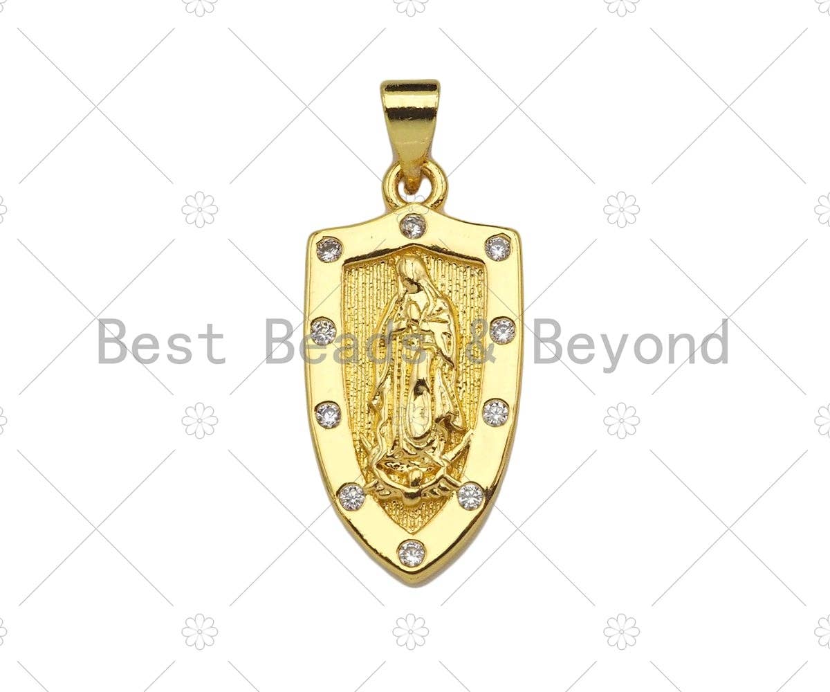 CZ Micro Pave Embossed Jesus/Virgin Mary On Shield Shape Pendant, 18K Gold Religion Charm, Necklace Bracelet Charm Pendant,12x24mm,Sku#LK308