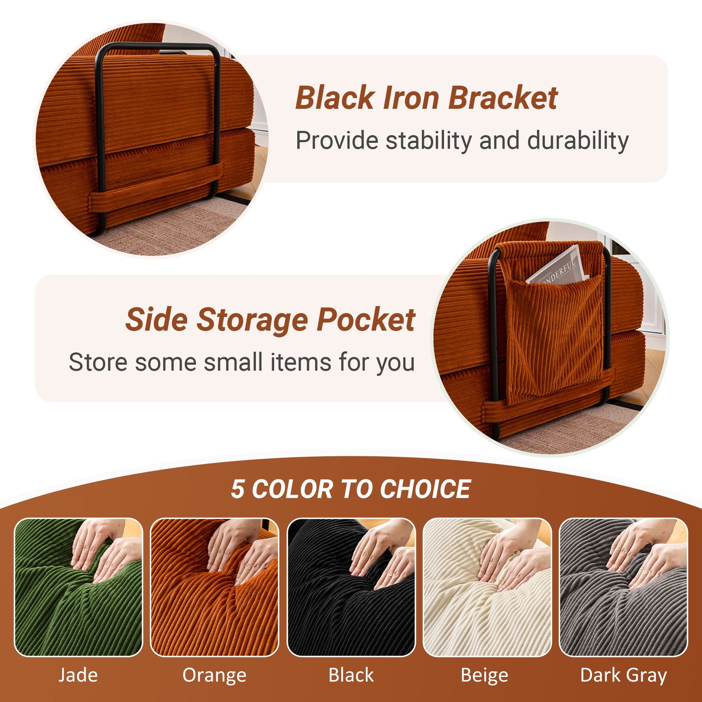 Convertible Sleeper Sofa Bed with Cylindrical Pillow - Orange