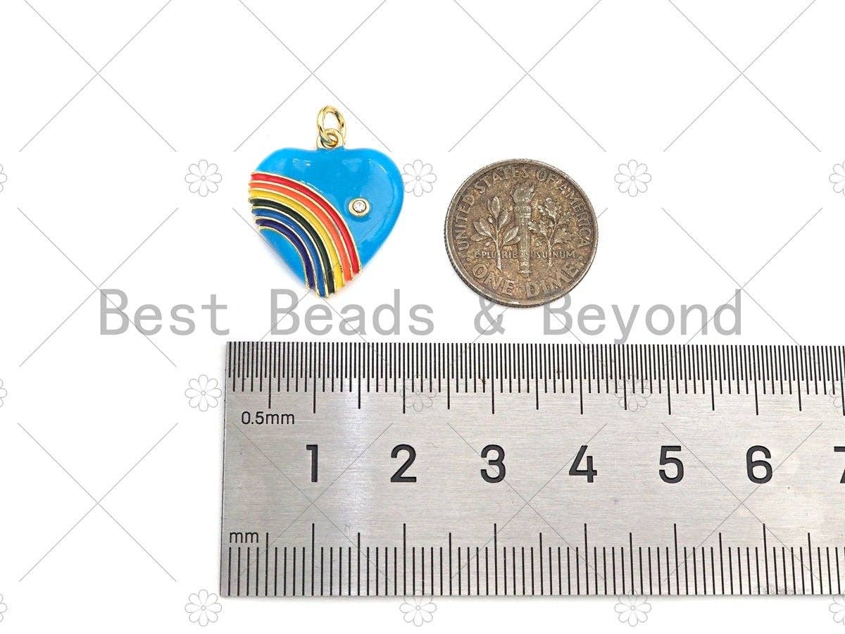 Rainbow Enamel Heart Pendant, Vintage Rainbow Heart Charms, Enamel with CZ Heart Charm, 21x18mm,sku#F1359
