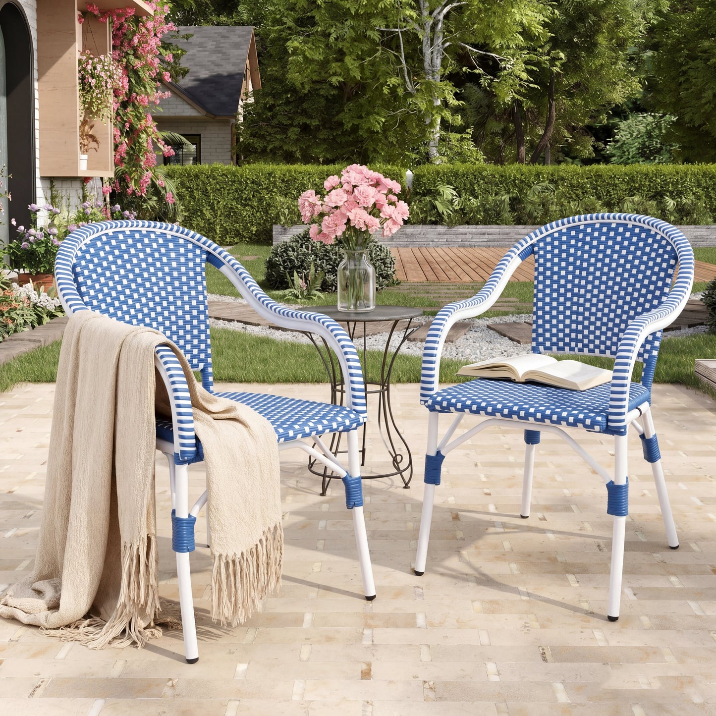 Outdoor Bistro Chairs Set of 2, White and Blue