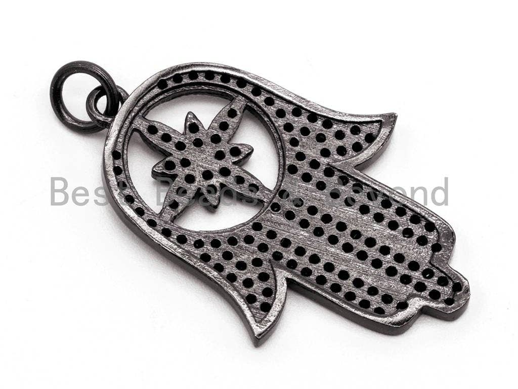 Black CZ Pave On Black Micro Pave Hamsa Hand with Flat Square Bail Pendant, CZ Pave Pendant, 22x34mm, sku#F379