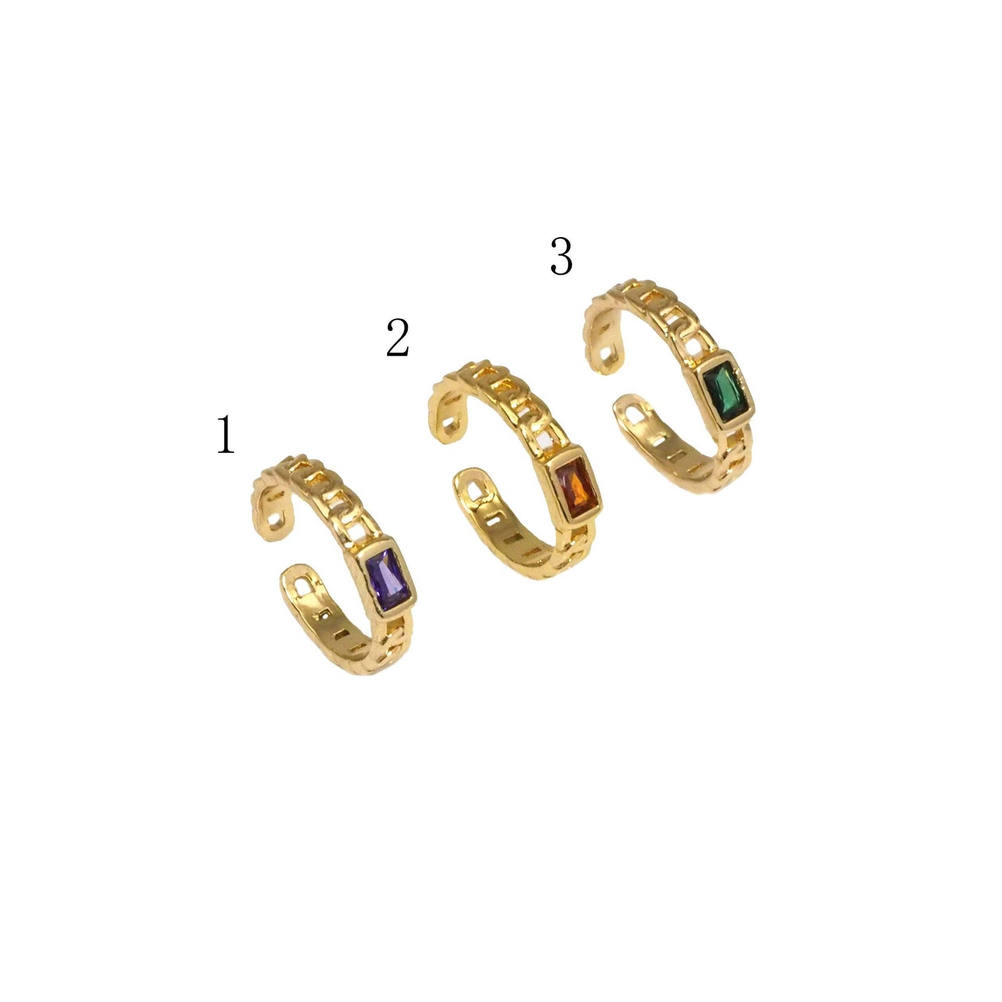 Gold Colorful CZ Rectangle Cuban Chain Adjustable Ring, Sku#JL179