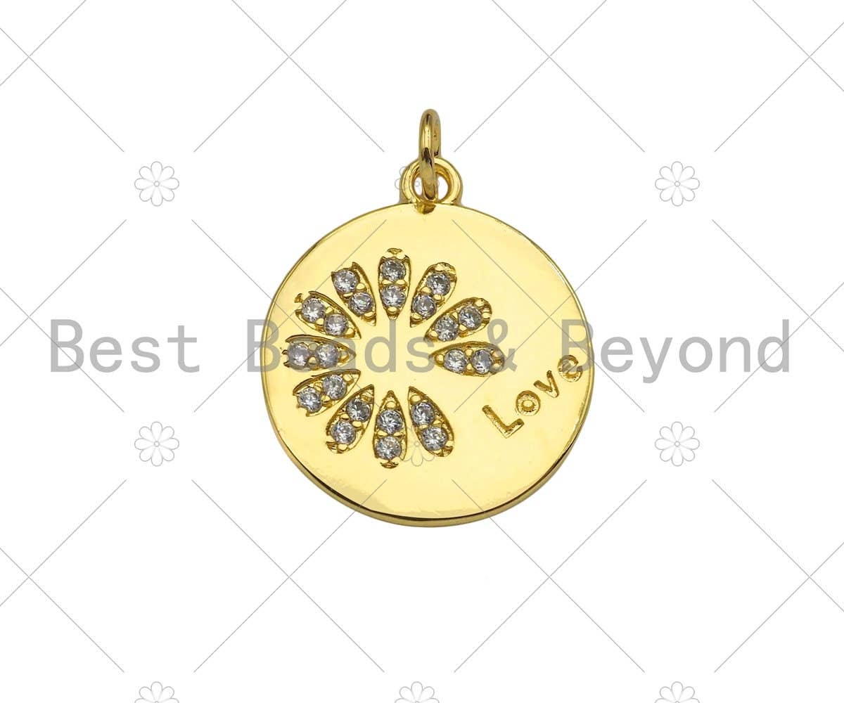 Gold Filled CZ Micro Pave Daisy Flower On Coin Shape Pendant,18K Gold Filled Lover Word Charm, Necklace Bracelet Charm,18x20mm,Sku#LK339