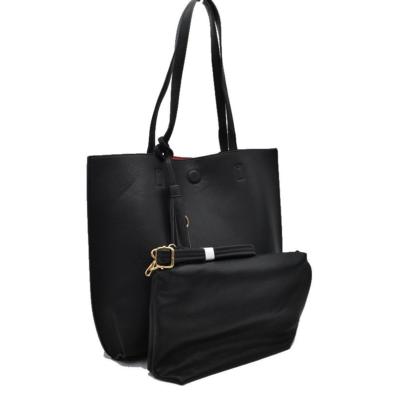 Reversible Faux Leather Tote Bag Vegan Tassel Handbag