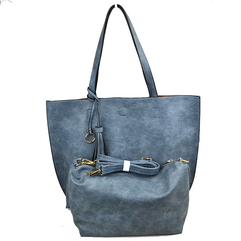 Reversible Faux Leather Tote Bag Vegan Tassel Handbag