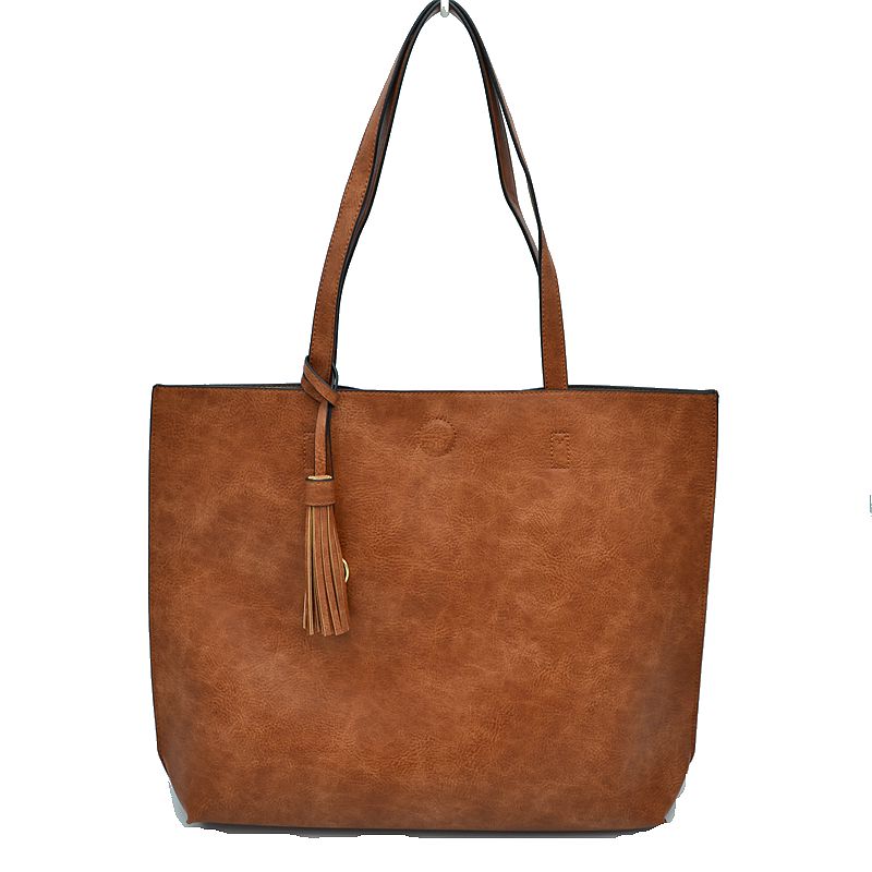 Reversible Faux Leather Tote Bag Vegan Tassel Handbag