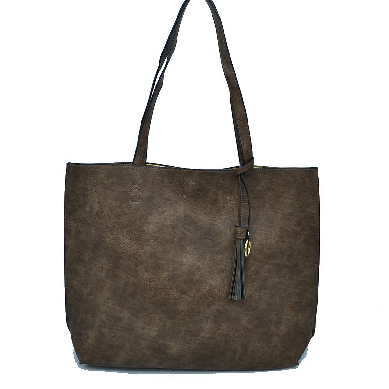 Reversible Faux Leather Tote Bag Vegan Tassel Handbag