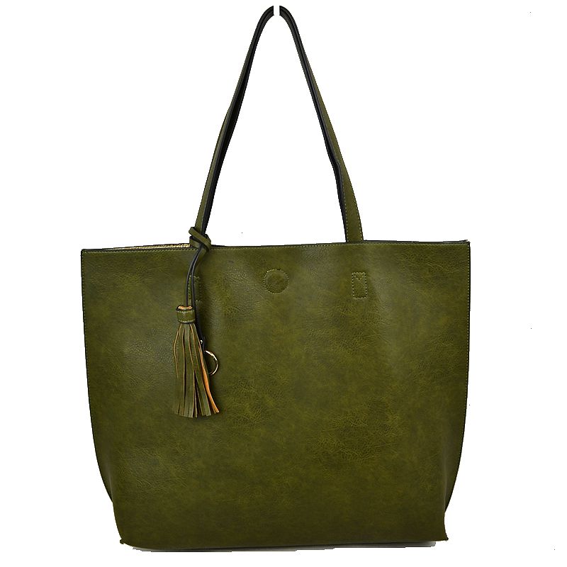 Reversible Faux Leather Tote Bag Vegan Tassel Handbag