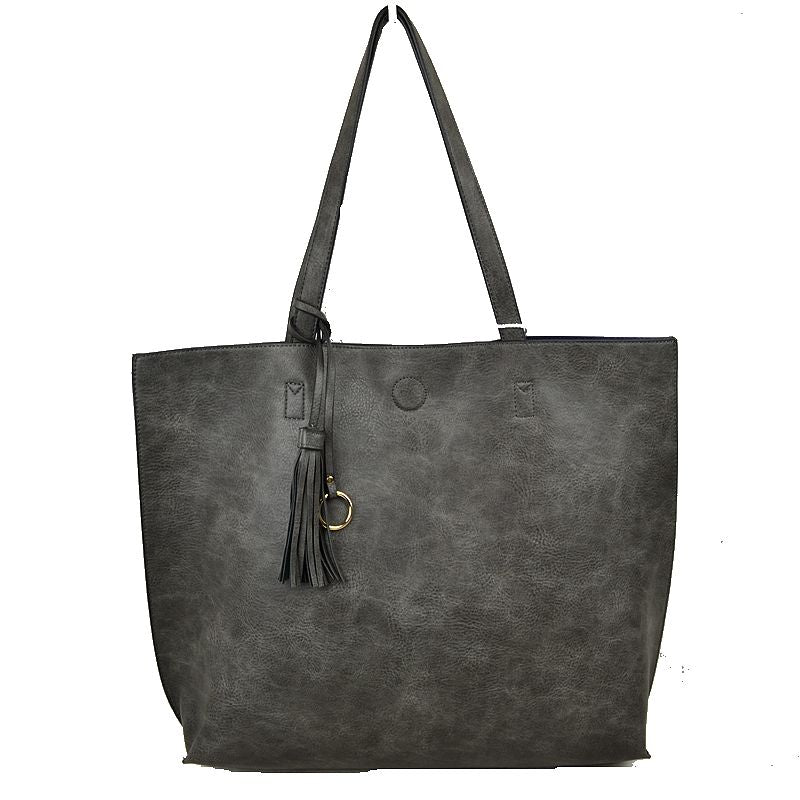Reversible Faux Leather Tote Bag Vegan Tassel Handbag