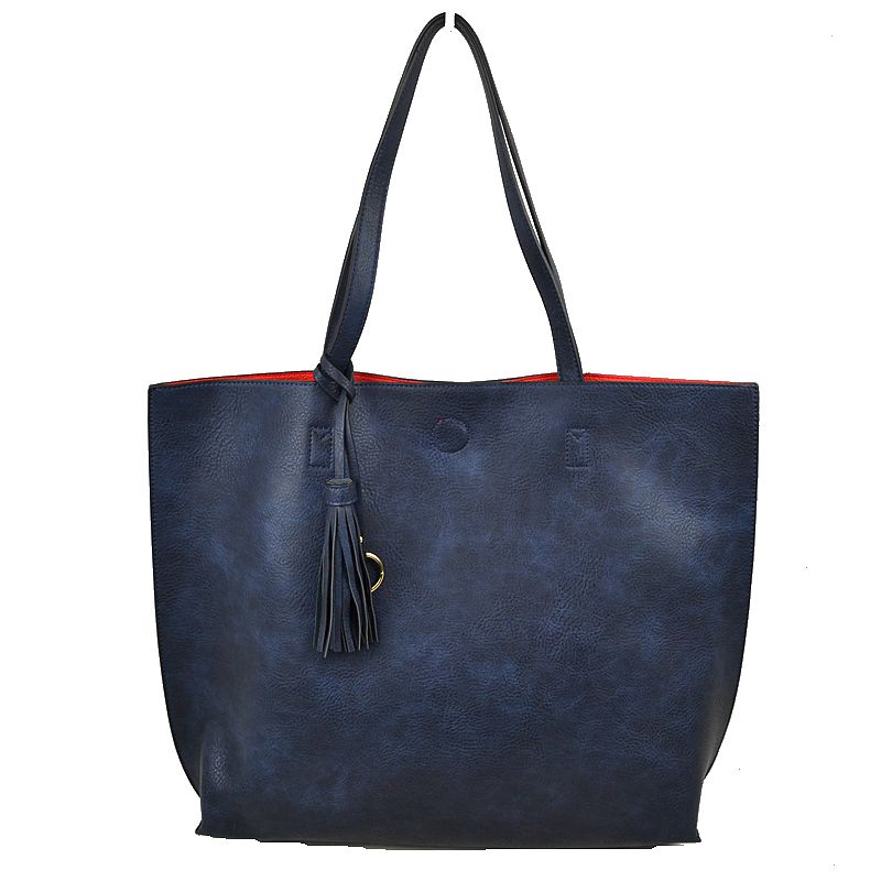 Reversible Faux Leather Tote Bag Vegan Tassel Handbag