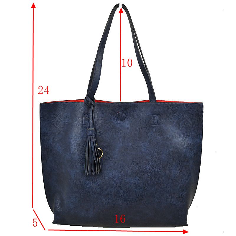 Reversible Faux Leather Tote Bag Vegan Tassel Handbag