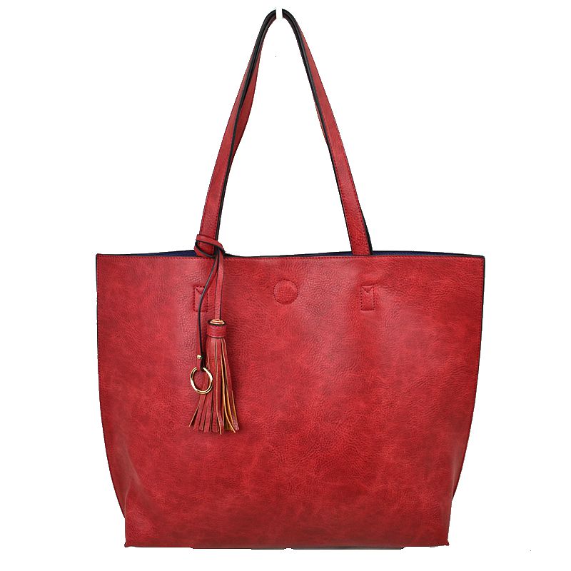 Reversible Faux Leather Tote Bag Vegan Tassel Handbag