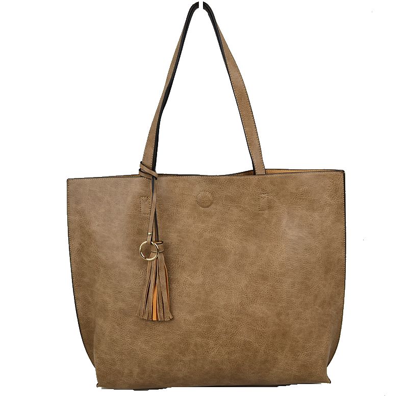 Reversible Faux Leather Tote Bag Vegan Tassel Handbag