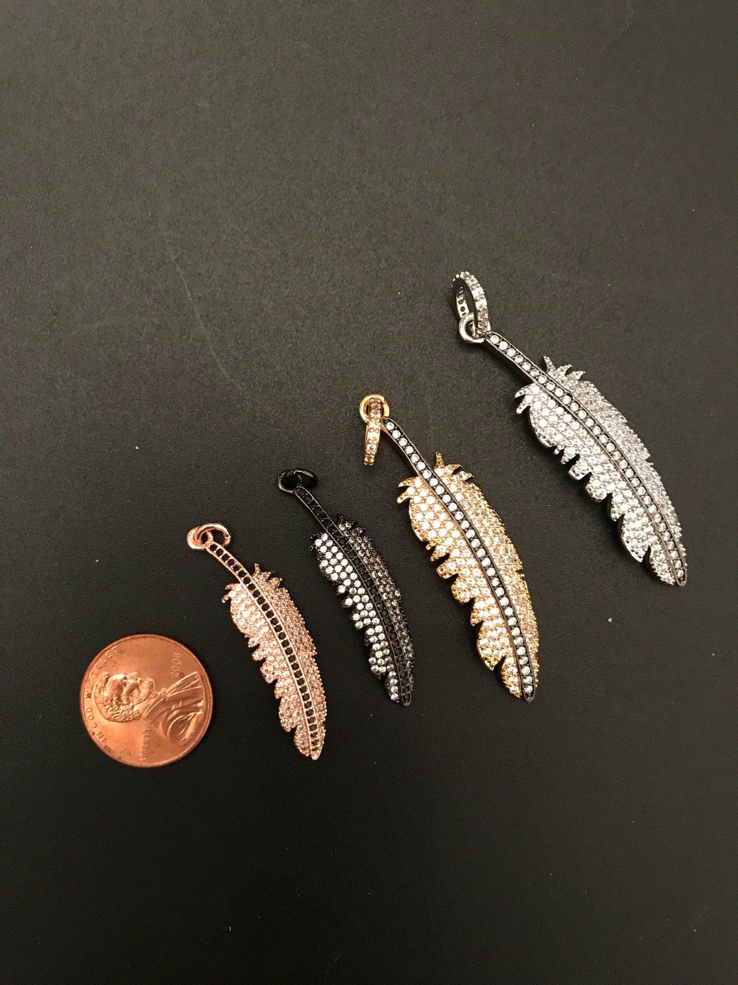CZ Micro Pave Feather Pendant with Jump Ring, Cubic Zirconia Pendant/Charm,44x12mm,sku#F97C