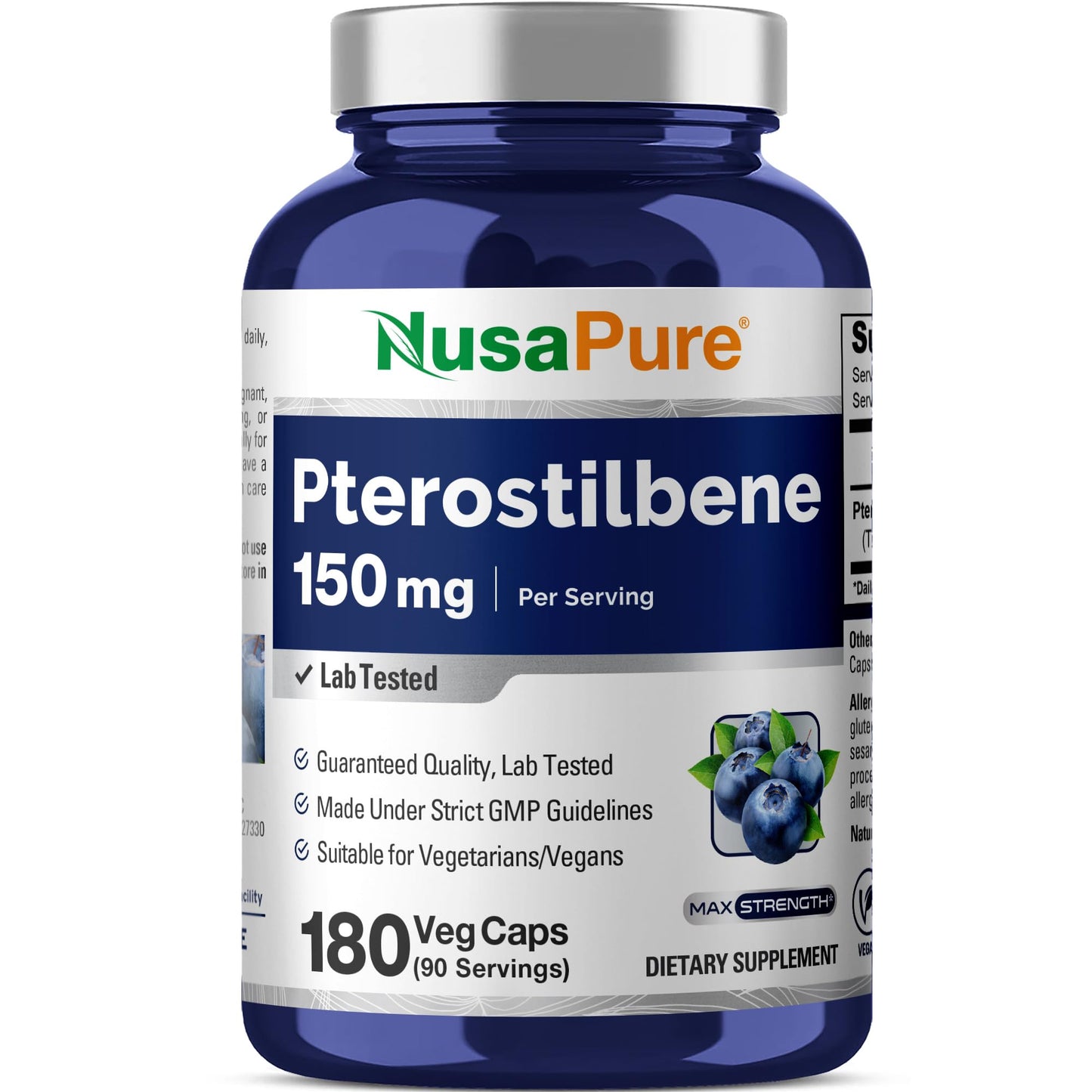NusaPure Pterostilbene 150mg 180 Veggie Caps (Non-GMO, Vegan)