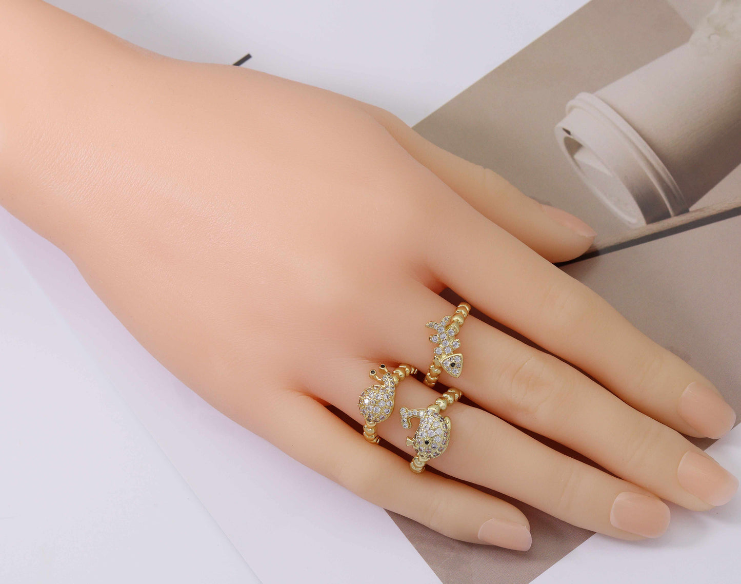 CZ Pave Gold Fish Snail Dolphin Ring, Sku#LK736
