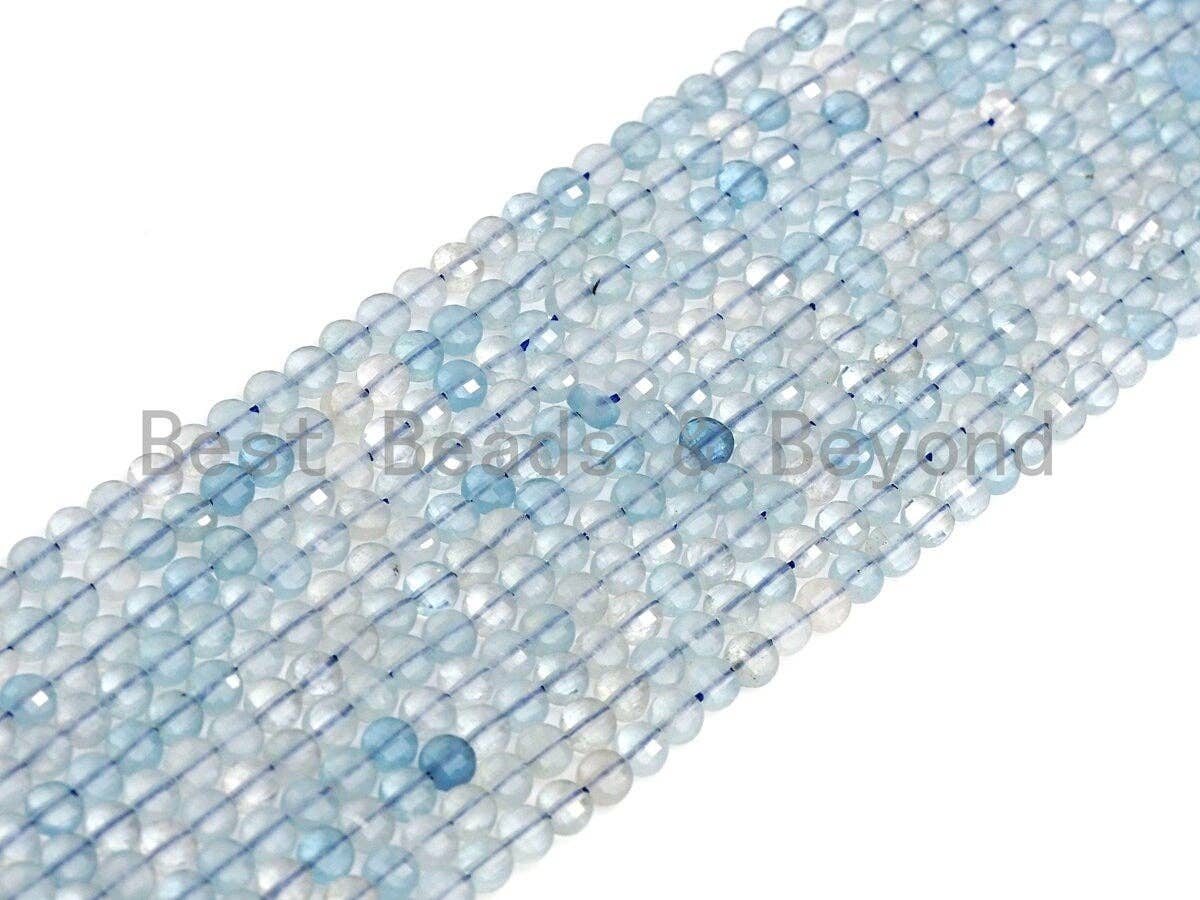 4mm High Quality Natural Aquamarine Faceted Coin Shape beads, Checkboard Cut Aquamarine, 15.5"Full Strand, sku#U791