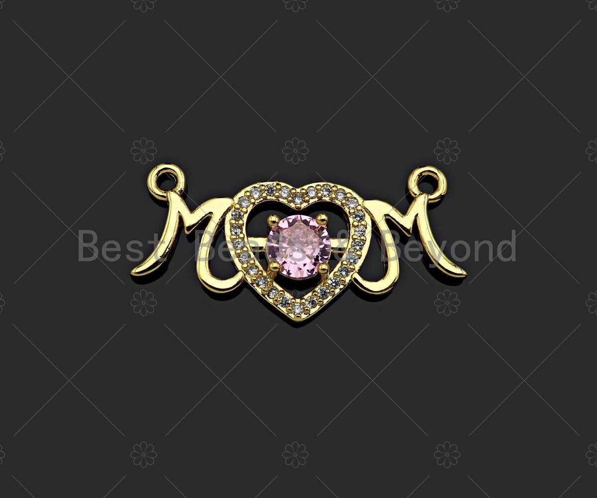 Gold Filled CZ Micro Pave Mom Heart Shape Pendant,18K Gold Filled Mom Charm, Mother's Day Necklace Bracelet Pendant,8x20/12x27mm,Sku#LK365