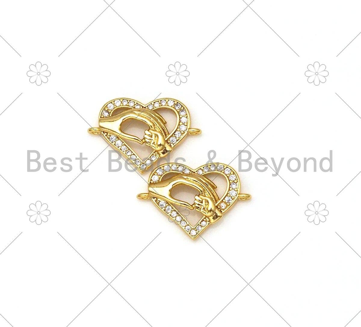 CZ Micro Pave Heart With Mama Holding Baby Hand Shape Connector,18K Gold Filled Charm, Mother's Day Bracelet Connector,13x19mm,Sku#E543