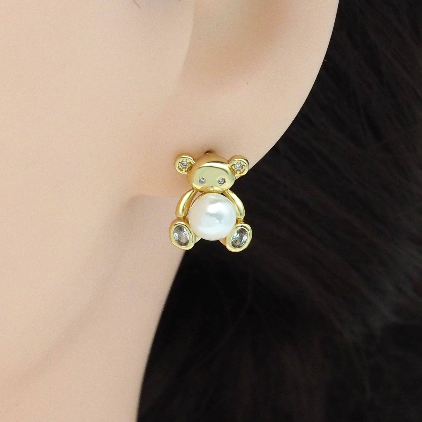 Cute Pearl Teddy Bear Stud Earrings, Sku#LK856