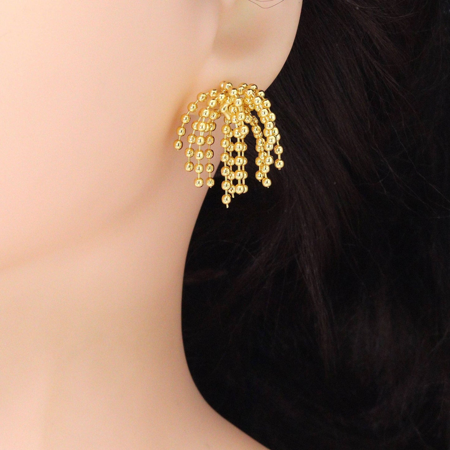 Gold Silver Flower Ball Tassels Earrings, Sku#O124
