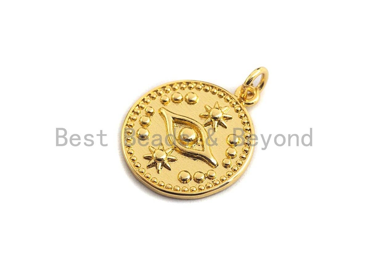 Round Evil Eye on Disc Pendant, Embossment Brass Pendant, Silver/Gold Tone,18x20mm, Sku#Z413