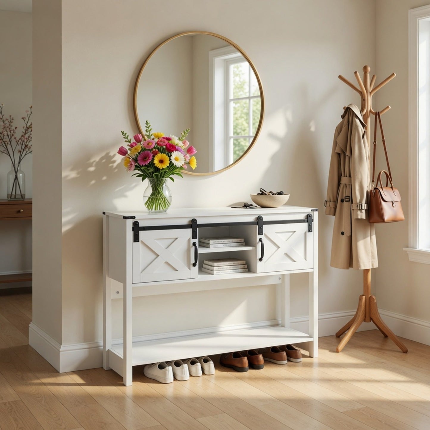 46" Modern Farmhouse Entryway Table with Storage & Sliding Barn Door