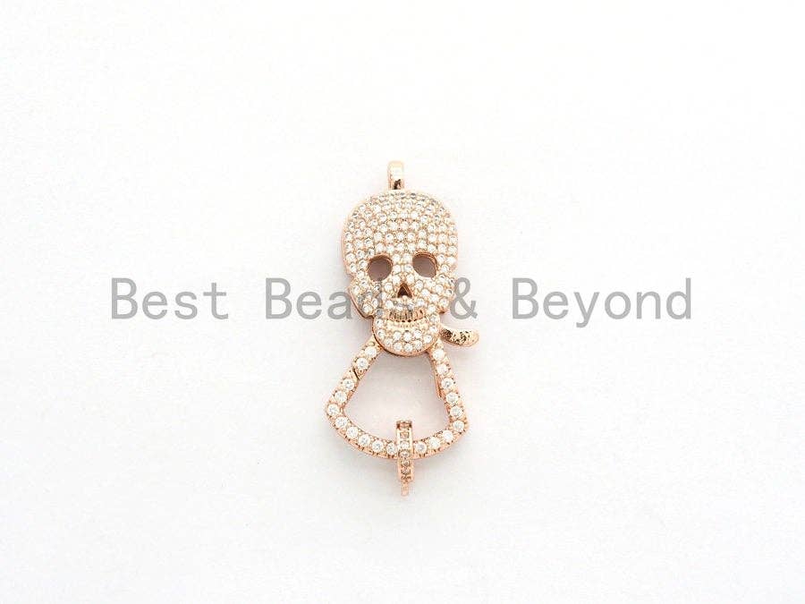 CZ Micro Pave Skull Lobster Claw Clasp, Large Skull Pave Clasp/Pendant Connector, Cubic Zirconia Pave Clasp/Connector/Link,17x37mm, sku#H131