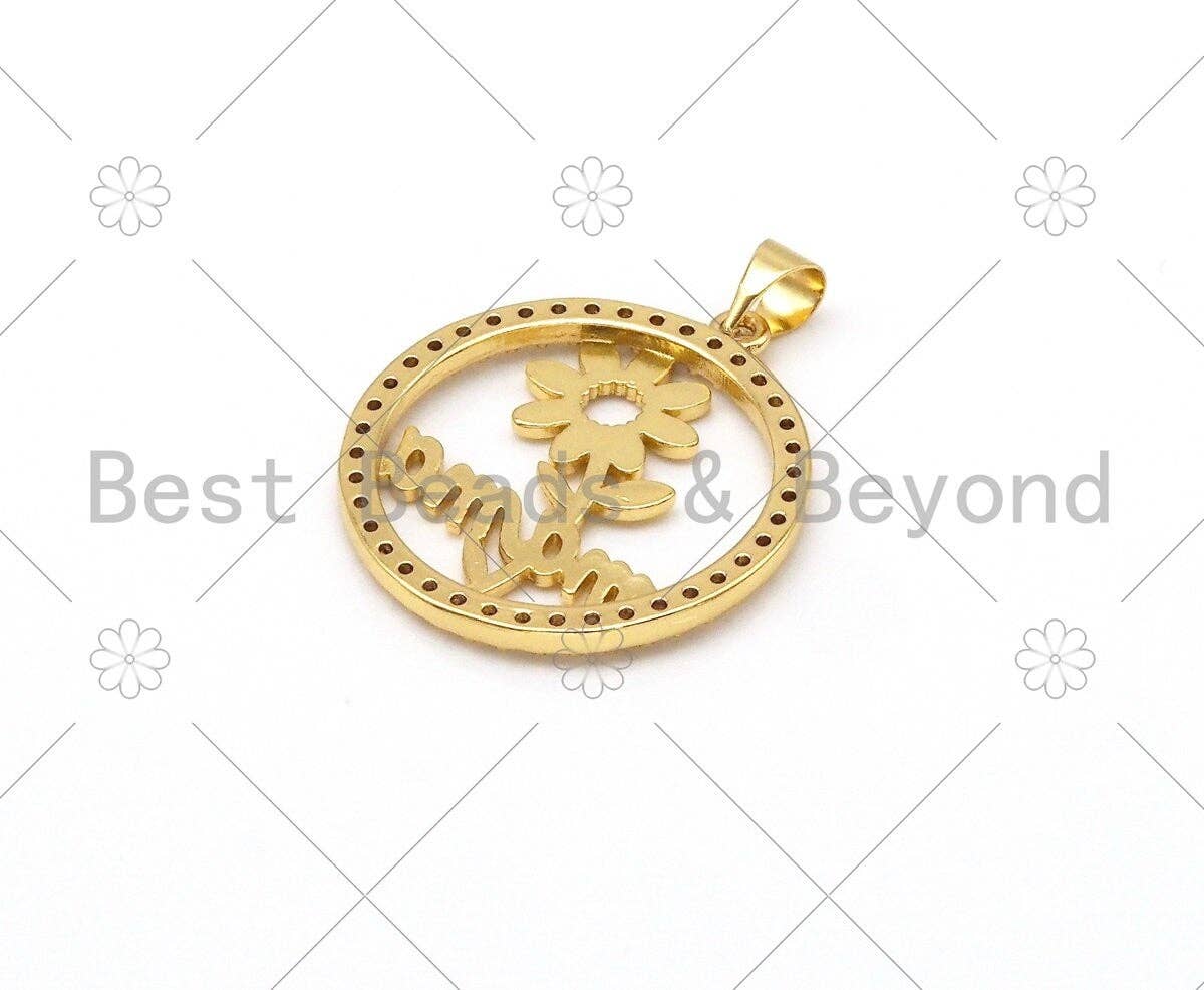 CZ Micro Pave MAMA Word Flower On Round Ring Shape Pendant, 18K Gold Filled Mother's Day Charm, Necklace Bracelet Pendant,25x28mm,Sku#LK387