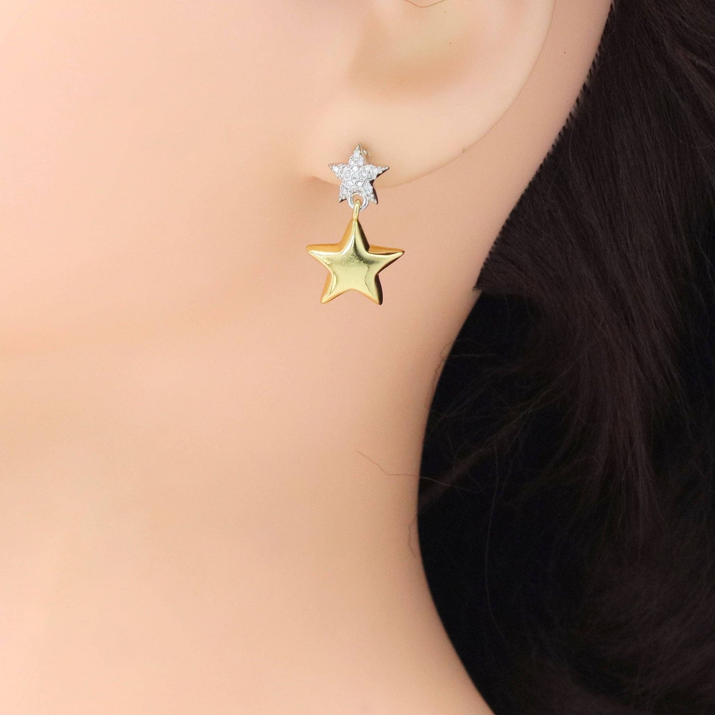 Gold Silver Dual color Five Point Star Dangle Earrings, Sku#LX665