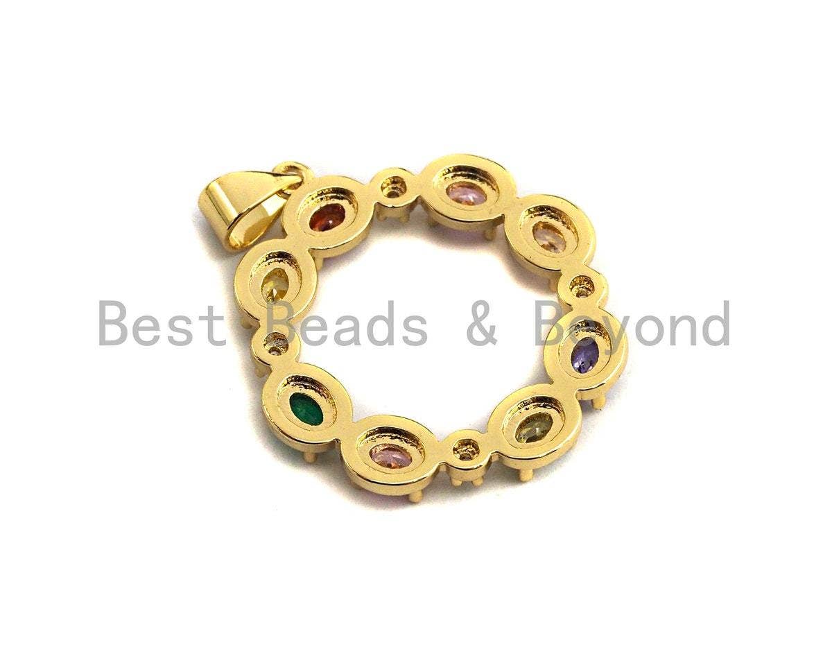 CZ Colorful Micro Pave Hollow out Round with Baguette CZ Pendant, Ring Shaped Pave Pendant, Gold plated, 24x27mm, Sku#F953