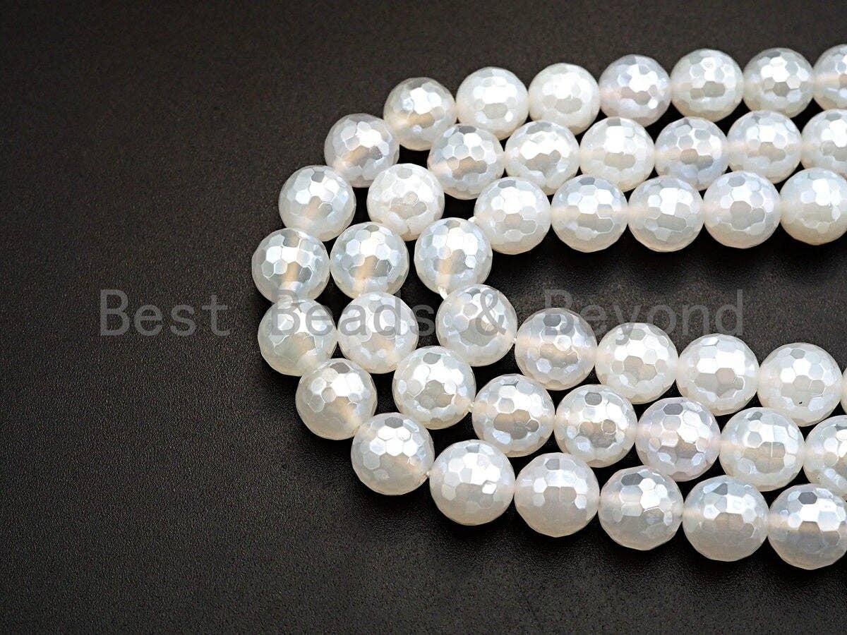 Mystic Plated Natural White Agate Faceted beads, 6mm/8mm/10mm/12mm Round Faceted Beads, Natural Gemstone Beads, 16" Full strand, Sku#U757