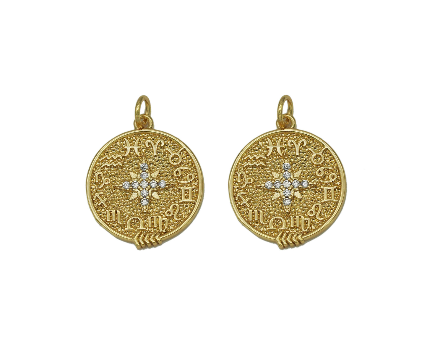CZ North Star On Round Coin Charm, Sku#F1480
