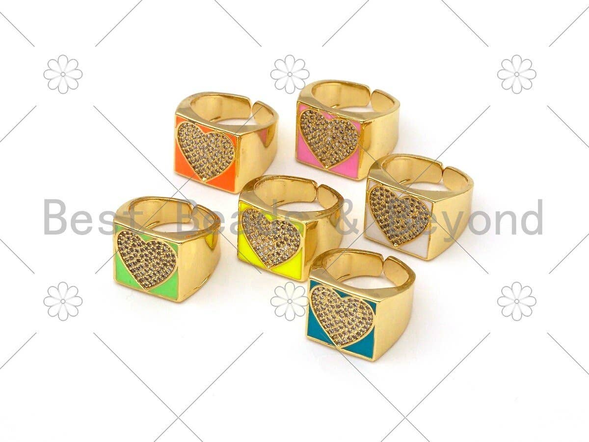 Colorful Enamel CZ Heart Adjustable Ring, Sku#O63