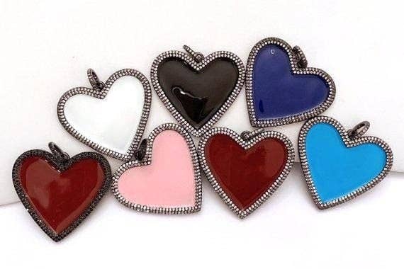 38mm Large Enamel Colored heart Pendant, Gold/Rose gold/Black/Silver, CZ Micro Pave Oil Drop Heart pendant,Enamel Jewelry,sku#F598