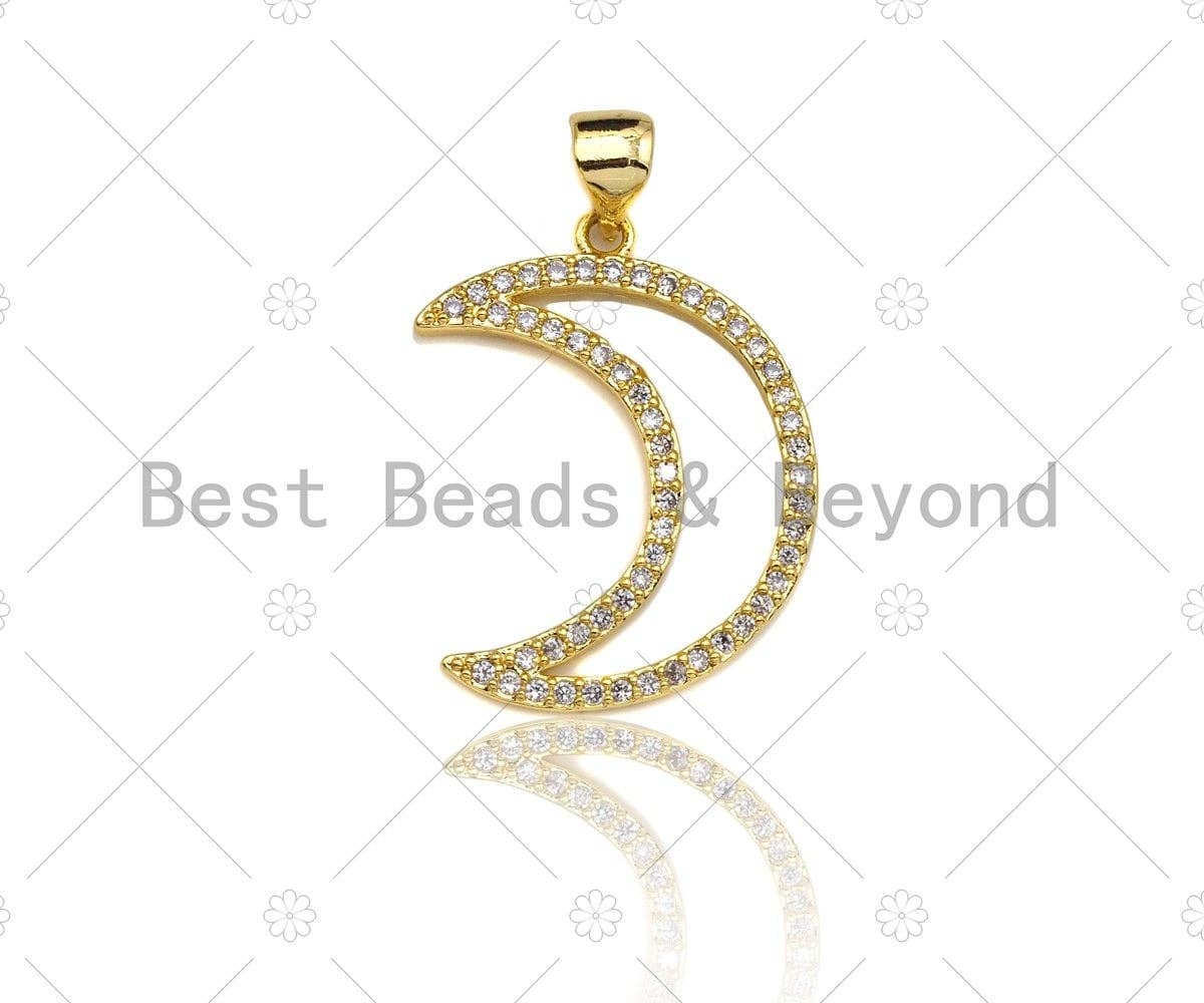 CZ Micro Pave Gold Moon Pendant, 18K Gold Filled Moon Charm, Necklace Bracelet Charm Pendant,17x23mm, Sku#LK83