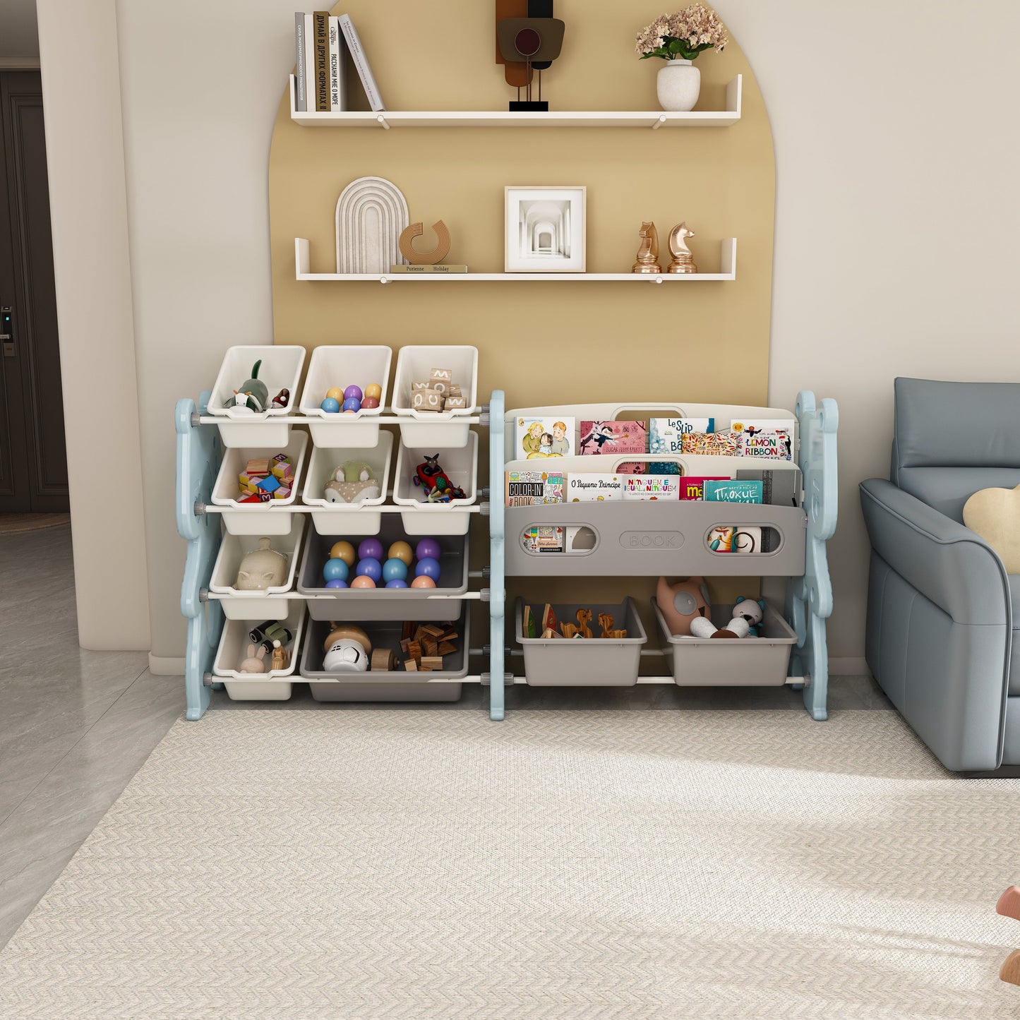 Kids Toy Storage Organizer with 2 Tier Bookshelf