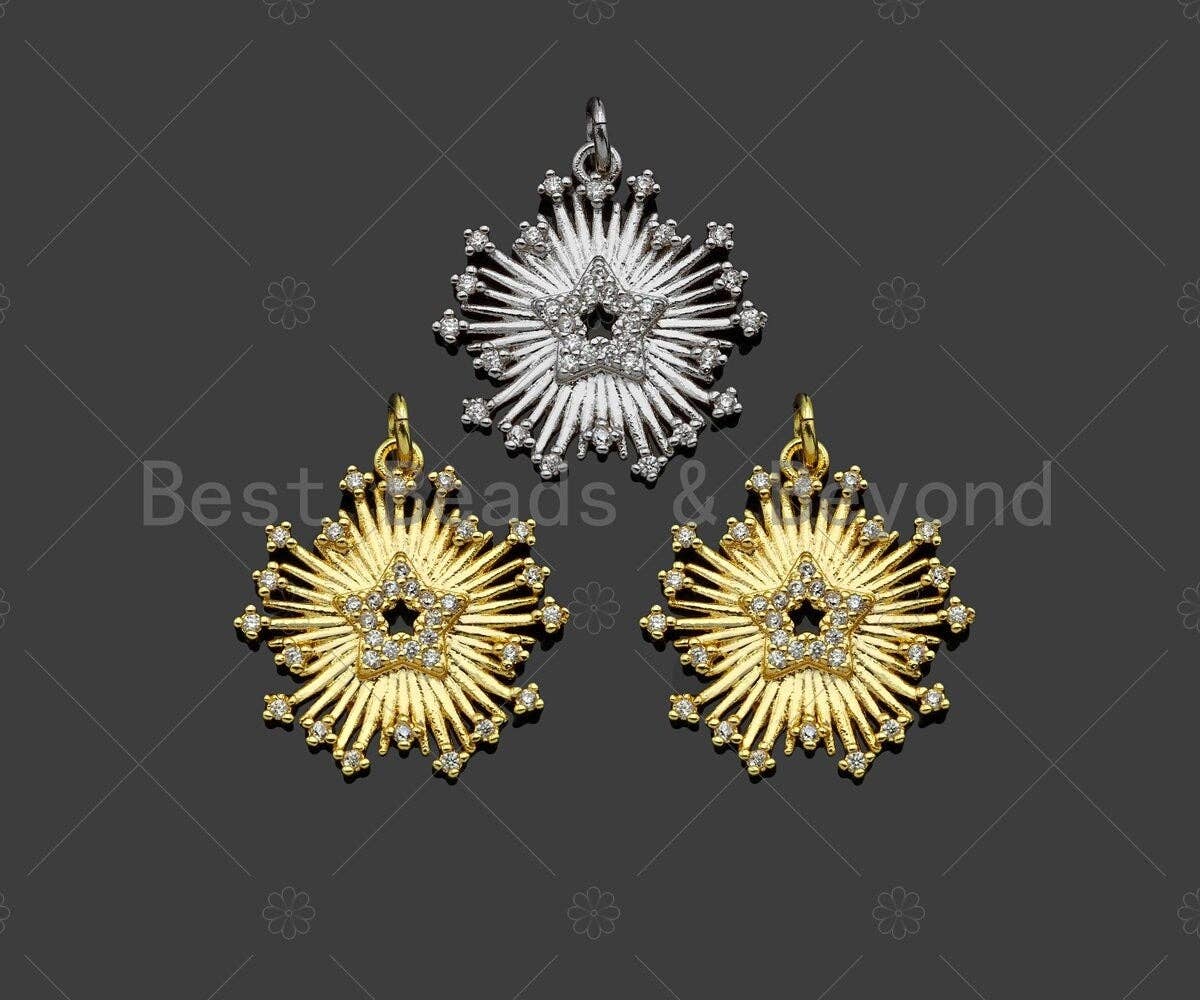 CZ Micro Pave Radial Star flower Shape Pendant/Charm,Cubic Zirconia Charm, Necklace Bracelet Charm Pendant,21x19mm, Sku#L509