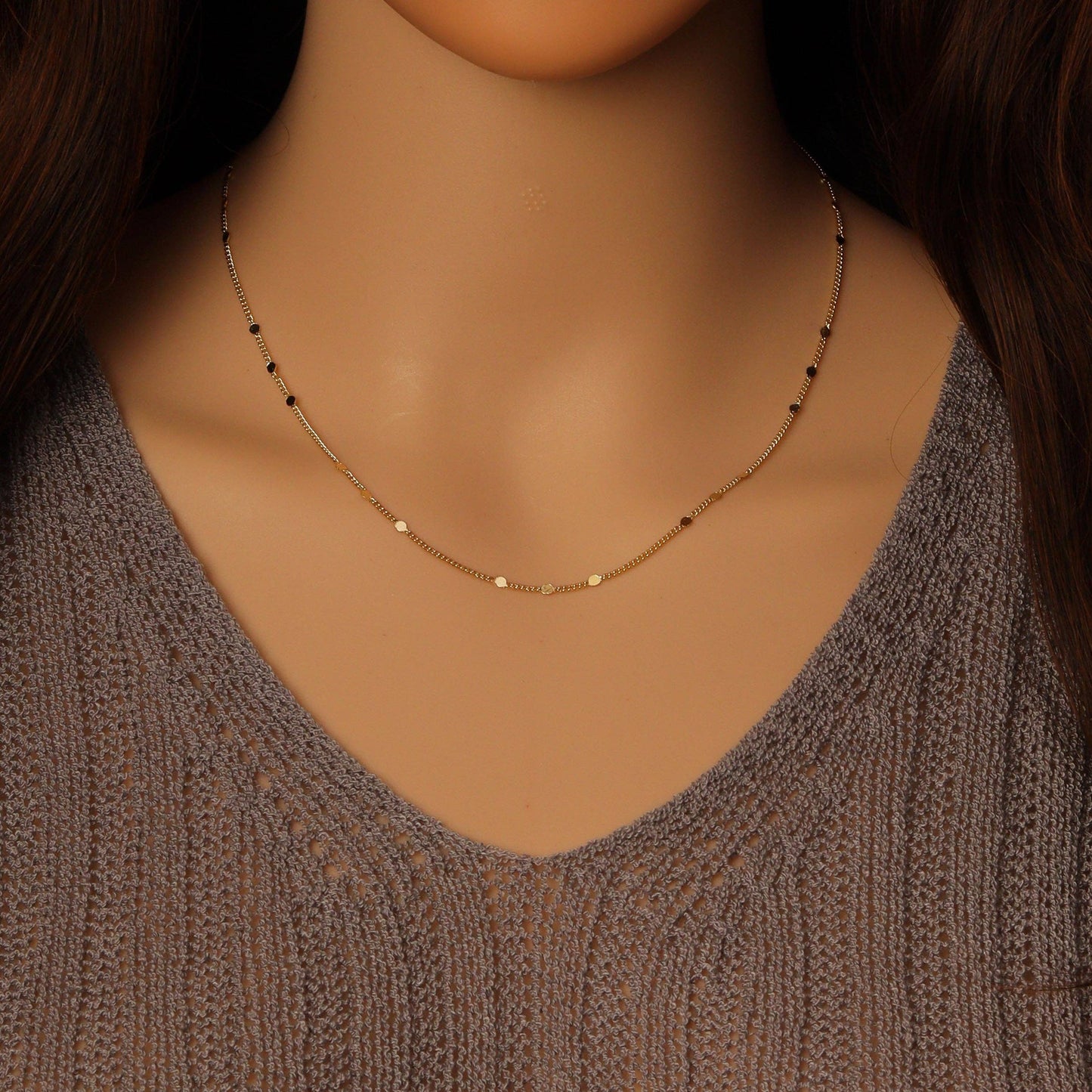 Dainty Gold disc Chain Necklace, Sku#EF474