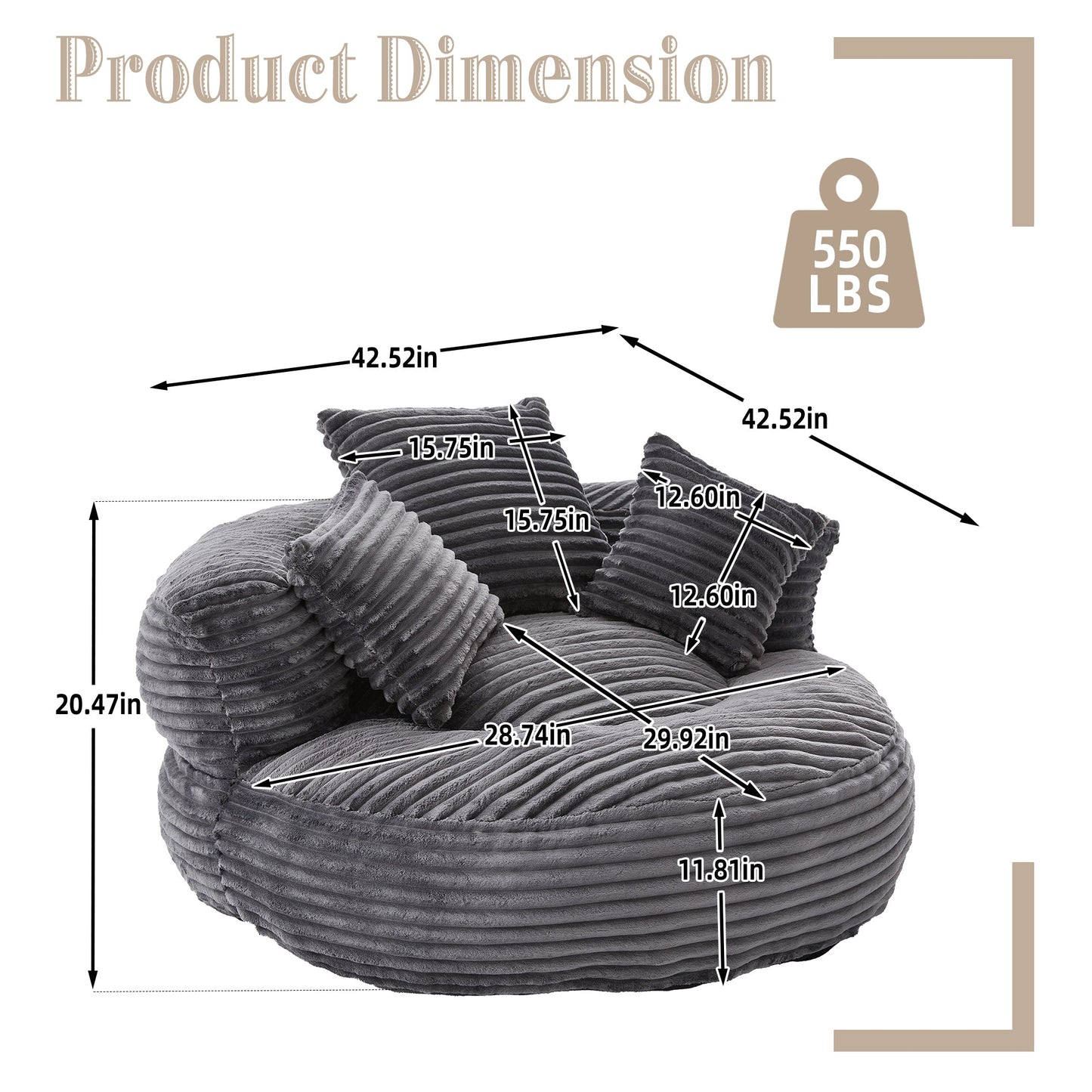 Single Bean Bag Chair with Pillows & Armrest