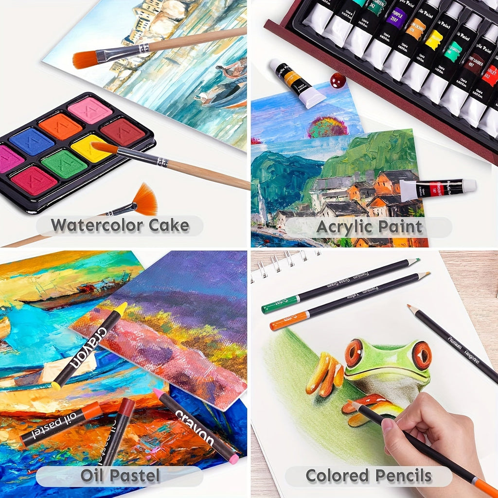 Coffret de luxe 175 pièces – Crayons, crayons de couleur et peintures acryliques dans une mallette en bois
