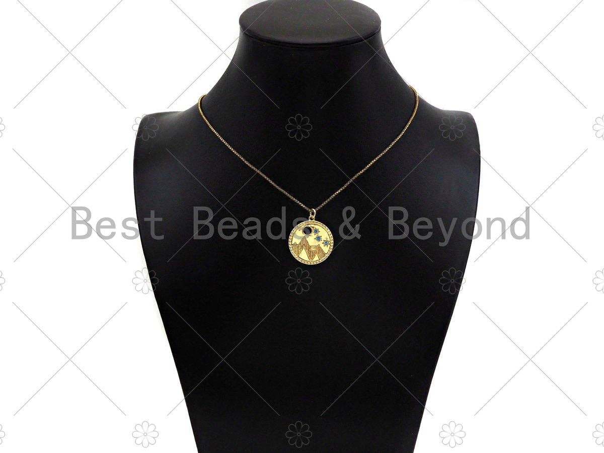 CZ Micro Pave Moutain Star Moon On Round Coin Pendant,Cubic Zirconia Silver/Gold Charm, Necklace Bracelet Charm Pendant, 22x25mm, Sku#L540