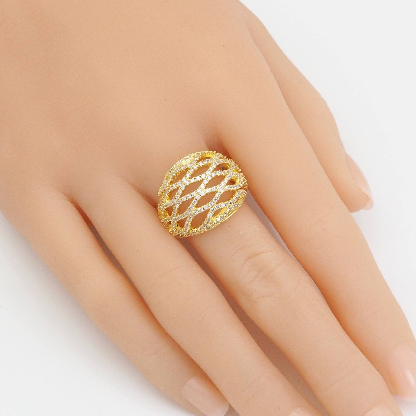 Gold Clear CZ Filigree Dome Statement Adjustable Ring, Sku#LX378