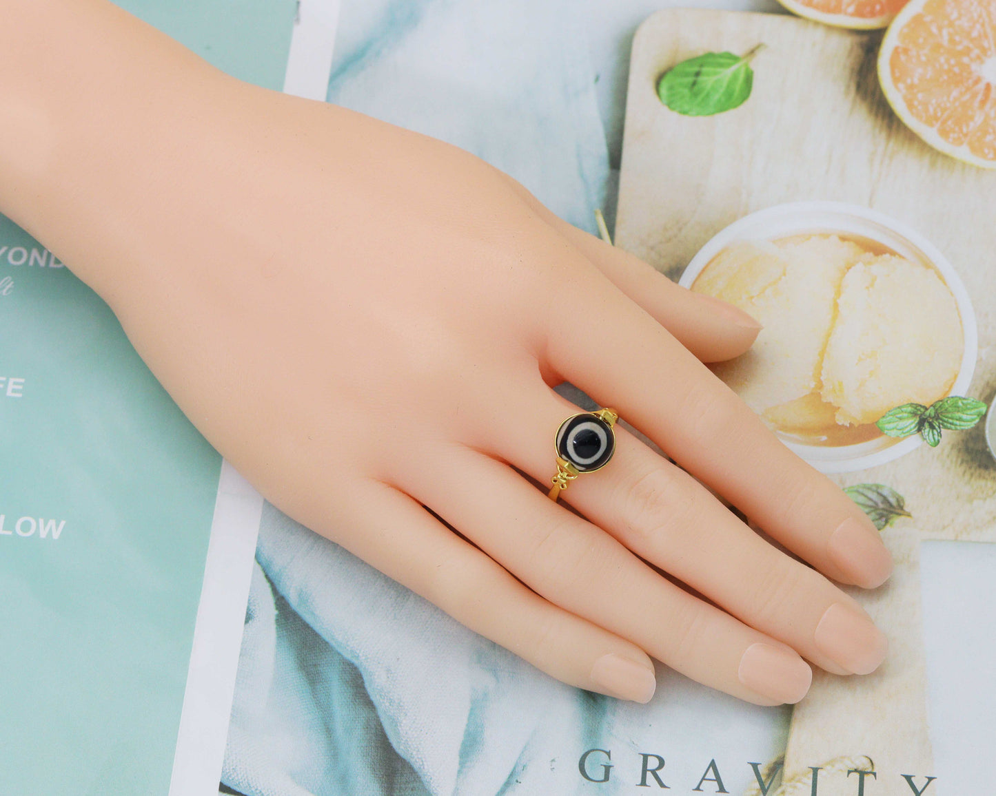 Evil Eye Tibetan Agate Adjustable Ring, Sku#EF119