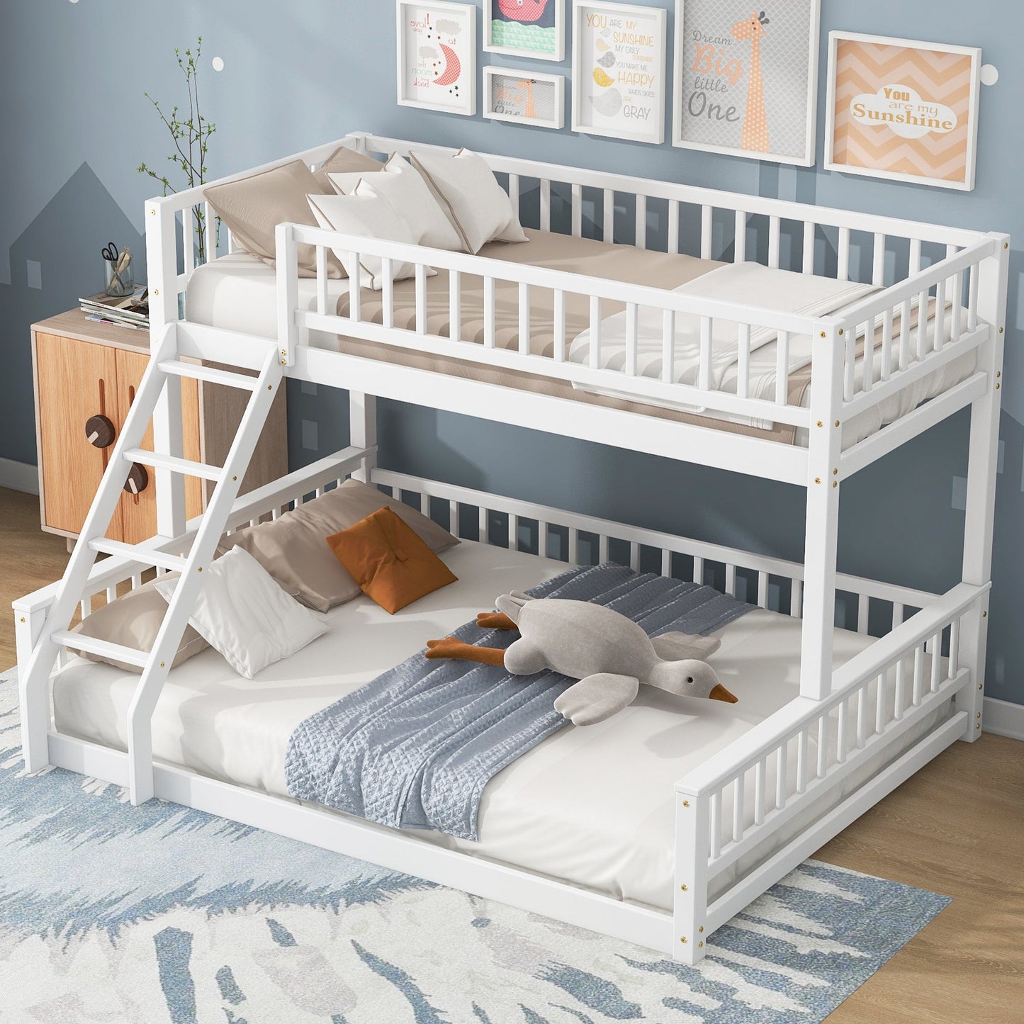 Twin XL Over Queen Bunk Bed with Ladder and Guardrails