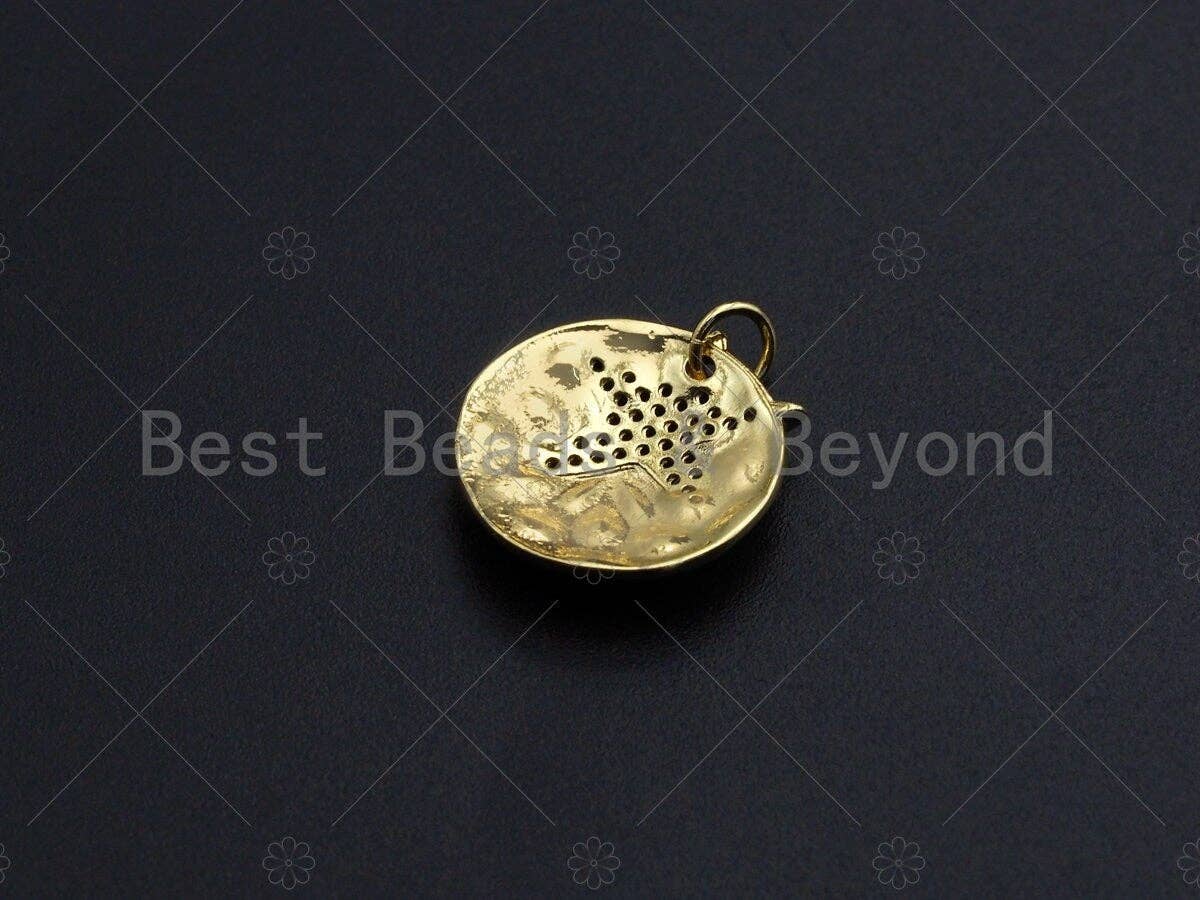18K Gold Medallion Round Coin with Black Pave Star Charm, Brass Medallion, Gold Coin Charm, 17mm, Sku#LK23