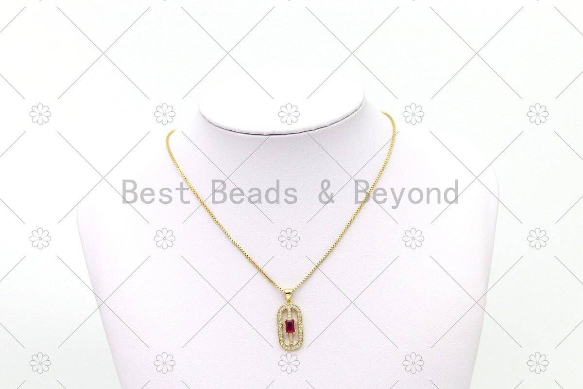 Colorful Big Rectangle CZ on Micro Pave Oval Shape Pendant, 18K Gold Filled CZ Charm, Necklace Bracelet Charm Pendant, 24x12mm,Sku#LK497